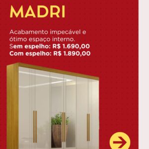 Guarda-Roupa 6 portas Madri Medidas: 2,00 largura x 2,00 altura x 0,46 profundidade Com 4 gavetas sem espelho 1590,00à vista 10 x 159,00 Sem Juros cartão de crédito